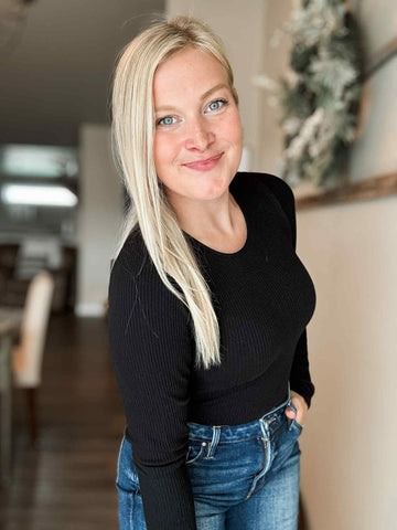 Juniper Long Sleeve Ribbed Bodysuit - Black - SIZE LARGE