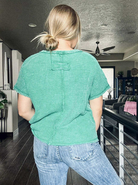Greer Waffle Knit Top - Green - SIZE L/XL