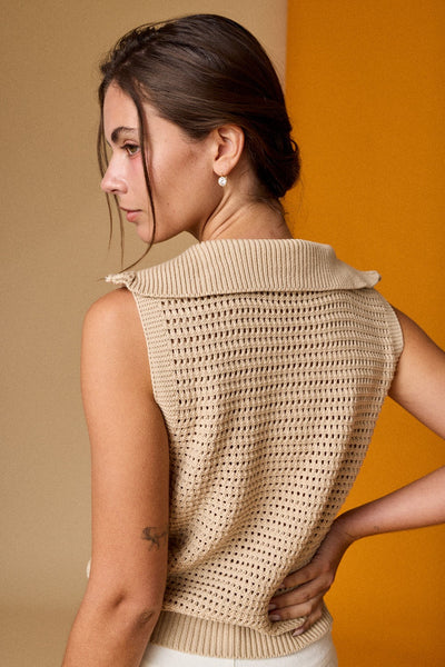 Open Knit Zip Collar Sleeveless Sweater - Taupe - SIZE SMALL