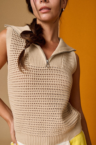 Open Knit Zip Collar Sleeveless Sweater - Taupe - SIZE SMALL