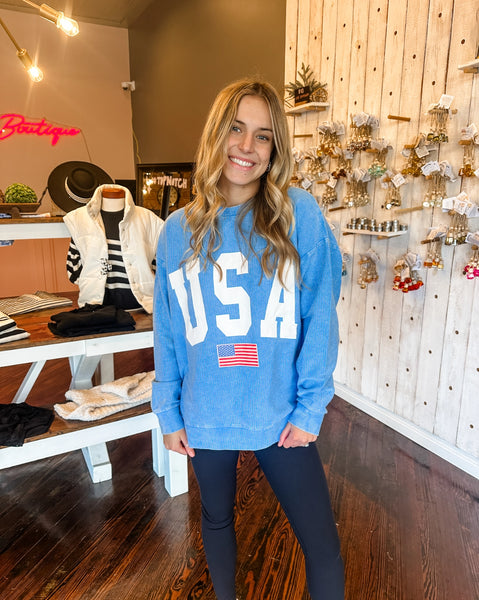 USA Flag Corded Crewneck Pullover