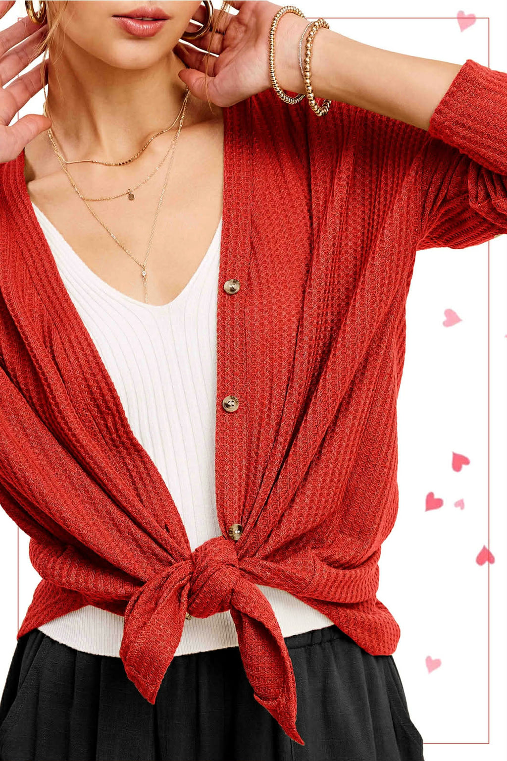 Hadlie Waffle Button Down Cardigan - Tomato