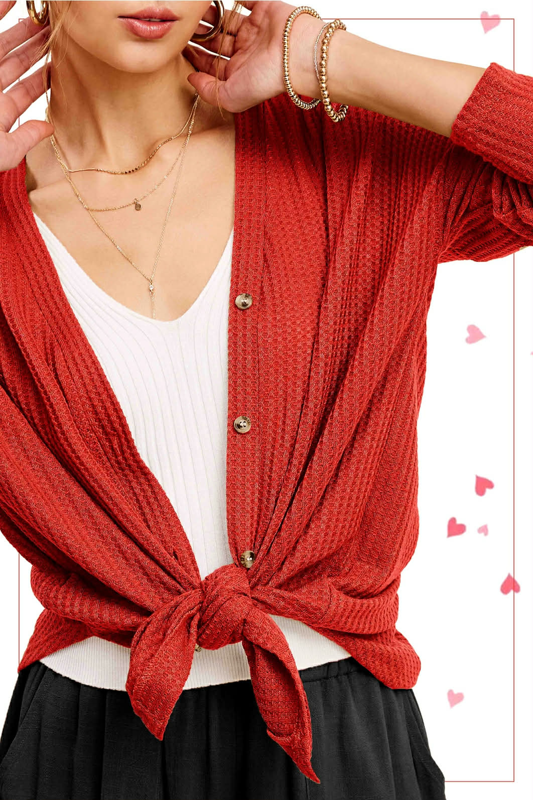 Hadlie Waffle Button Down Cardigan - Tomato