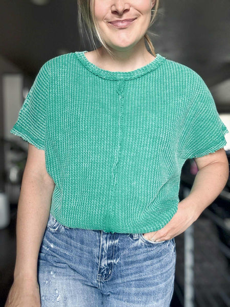 Greer Waffle Knit Top - Green - SIZE L/XL
