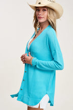 Hadlie Waffle Button Down Cardigan - Turquoise - SIZE SMALL
