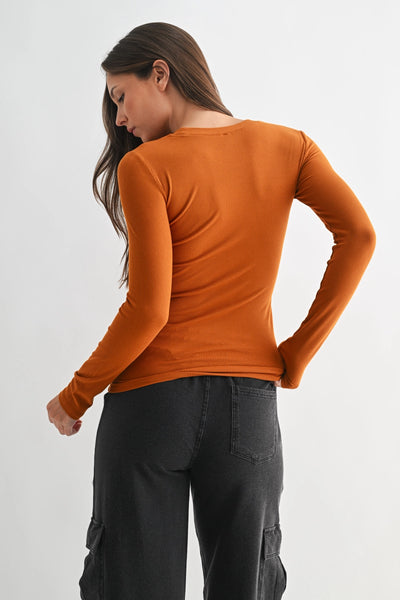 Mella Micro-Ribbed Long Sleeve - Amber - SIZE LARGE