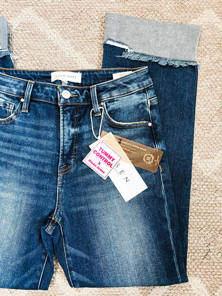 Presley High Rise Straight Cuffed Jeans - Dark Wash