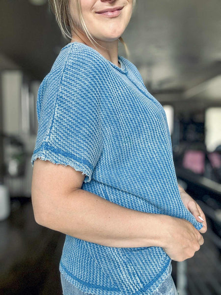 Greer Waffle Knit Top - Blue