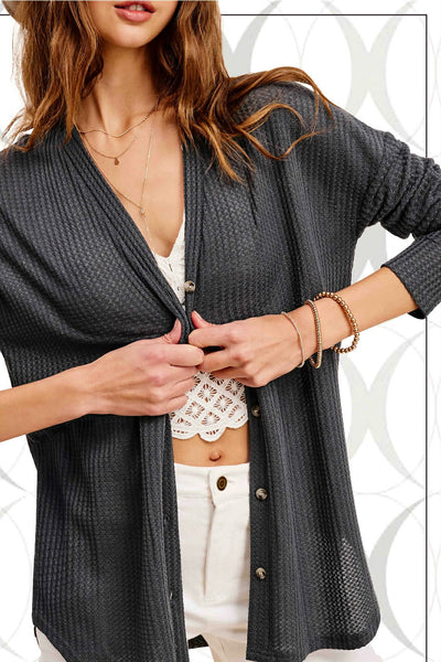 Hadlie Waffle Button Down Cardigan - Charcoal