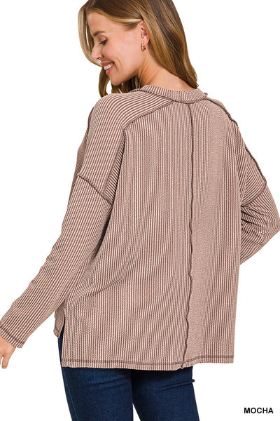 Wander & Rest Cable Ribbed Knit Drop Shoulder Top - Mocha - SIZE L/XL
