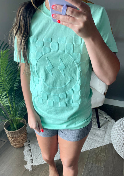 MINT INK Checkered Smiley Puff Tees - Youth XS
