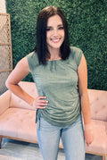 Amelia Shirred Tank Top - Olive - SIZE SMALL