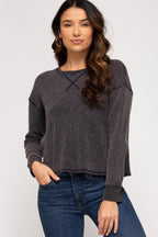 Brielle Waffle Knit Top - Charcoal - SIZE SMALL
