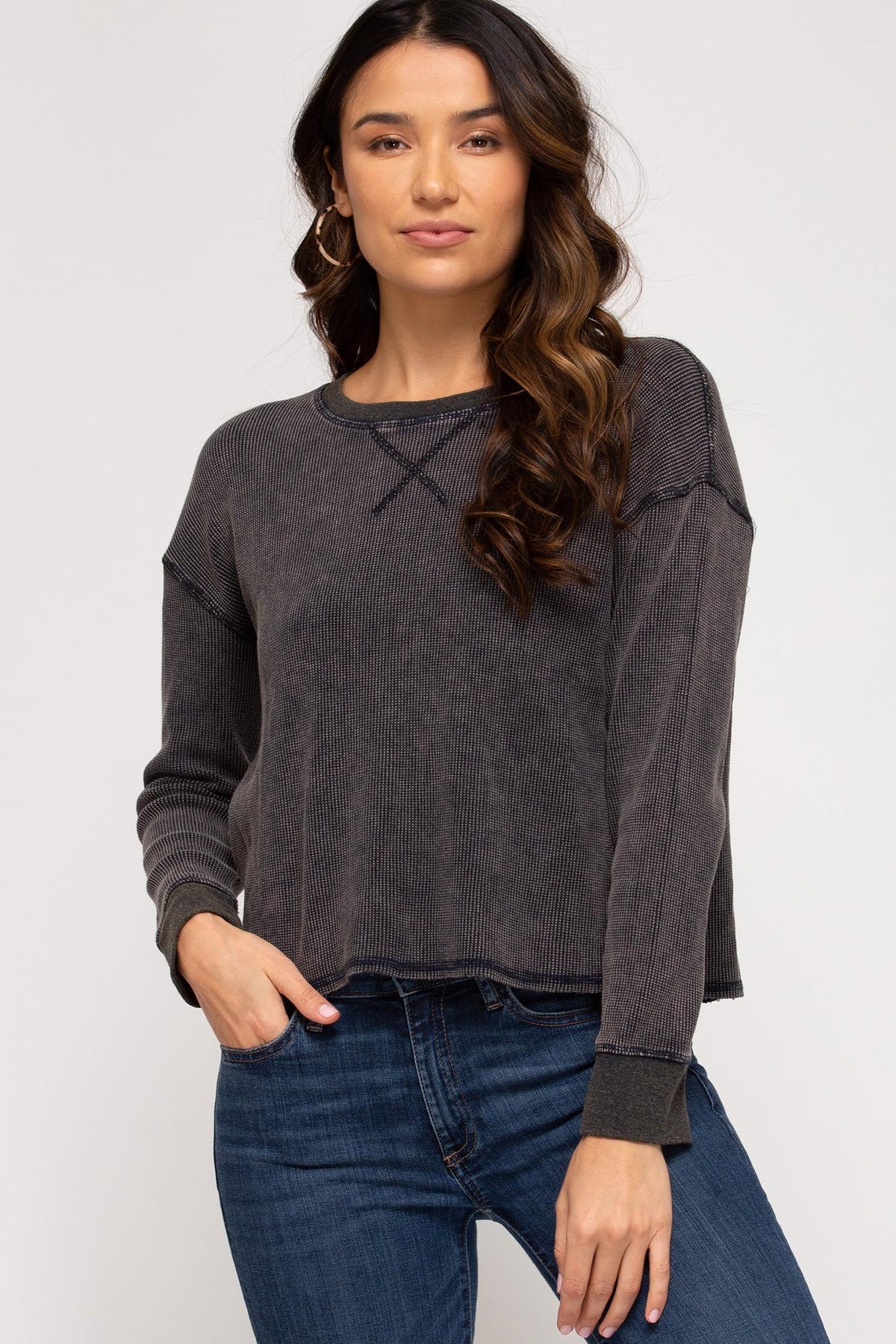 Brielle Waffle Knit Top - Charcoal - SIZE SMALL