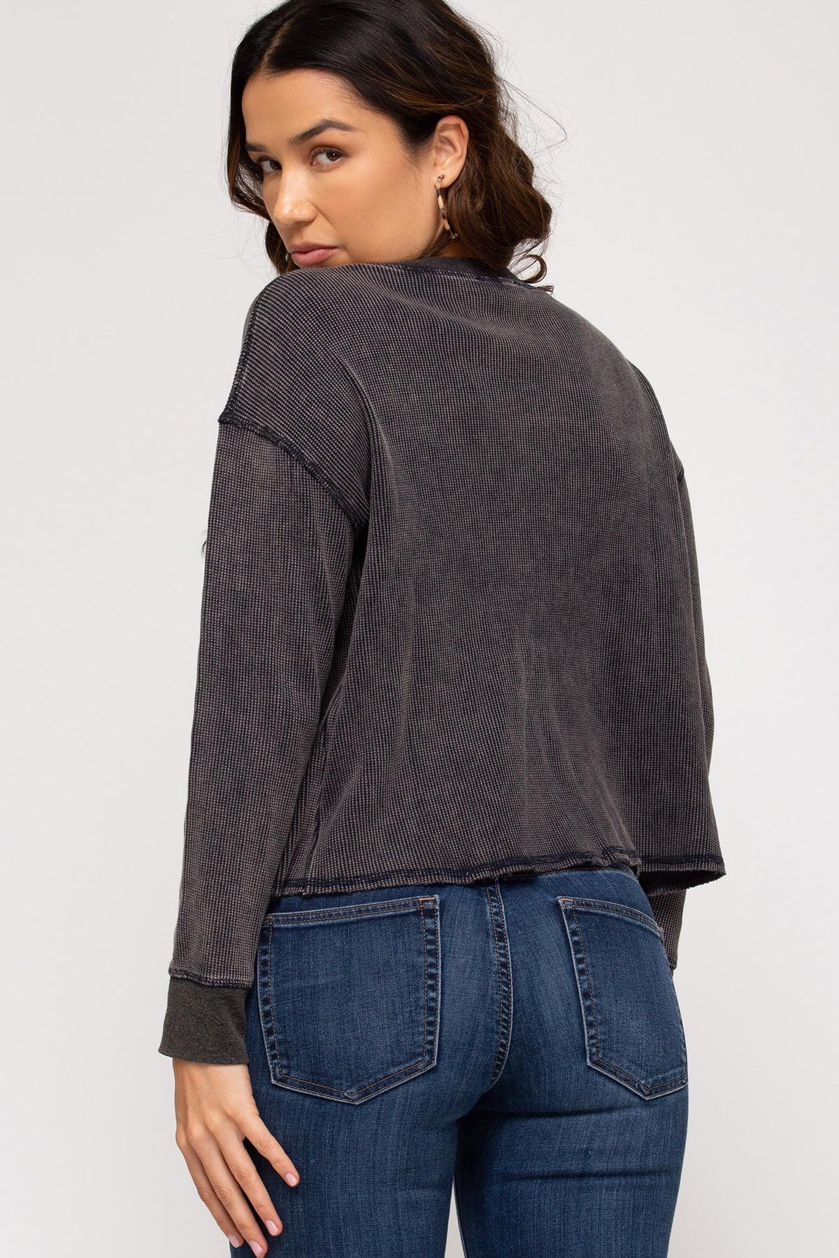 Brielle Waffle Knit Top - Charcoal - SIZE SMALL