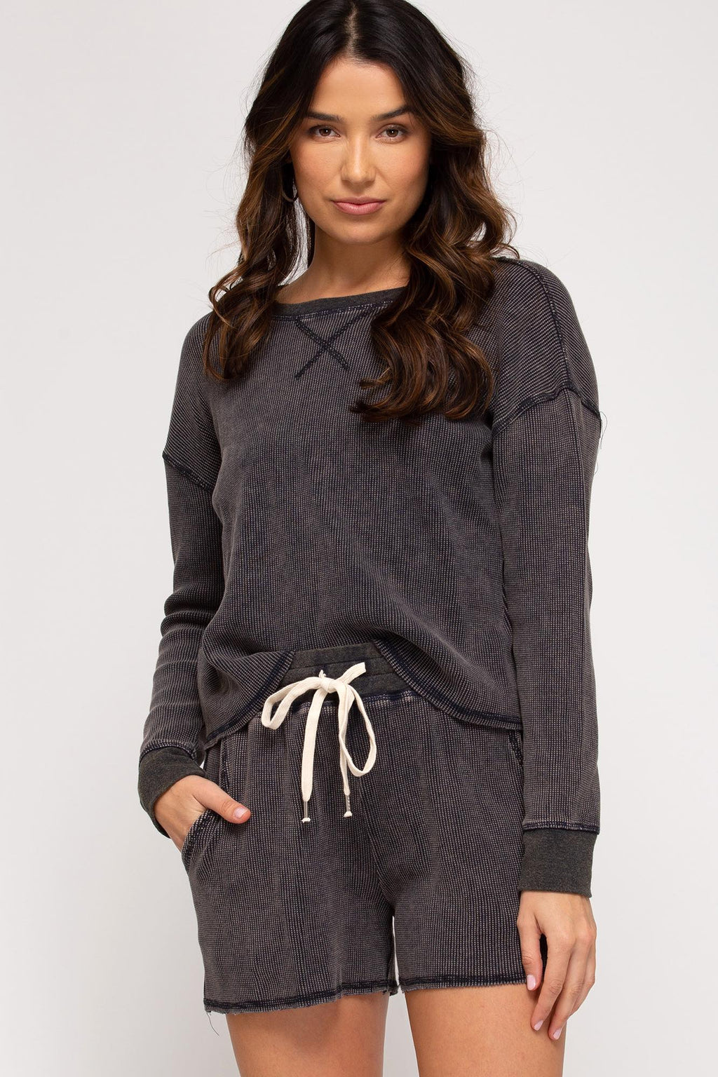 Brielle Waffle Knit Top - Charcoal - SIZE SMALL