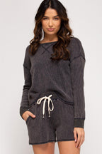 Brielle Waffle Knit Top - Charcoal - SIZE SMALL