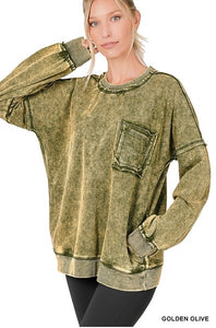 Hailey Acid Washed Pullover - Golden Olive - SIZE SMALL