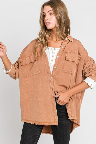 Jori Mineral Wash Button Up - Camel - SIZE SMALL