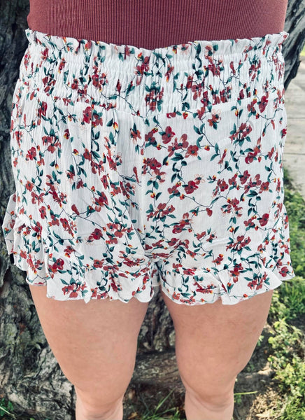 Kailey Smocked Floral Shorts - White
