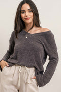 Xiana V Neck Top  - Charcoal - SIZE SMALL
