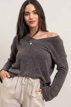 Xiana V Neck Top  - Charcoal - SIZE SMALL