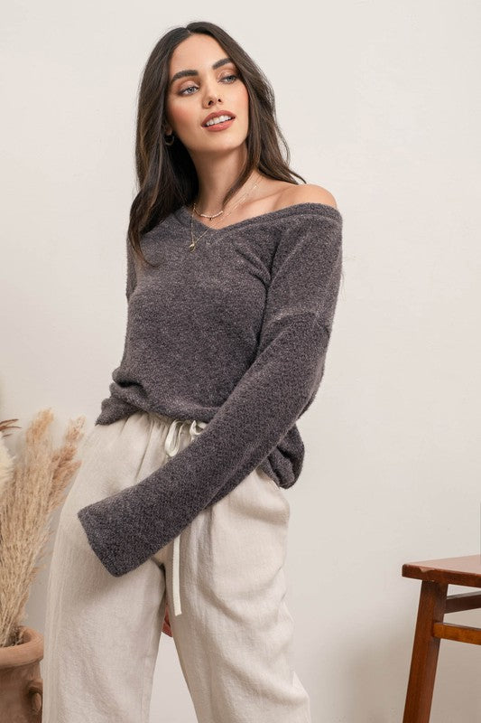 Xiana V Neck Top  - Charcoal - SIZE SMALL